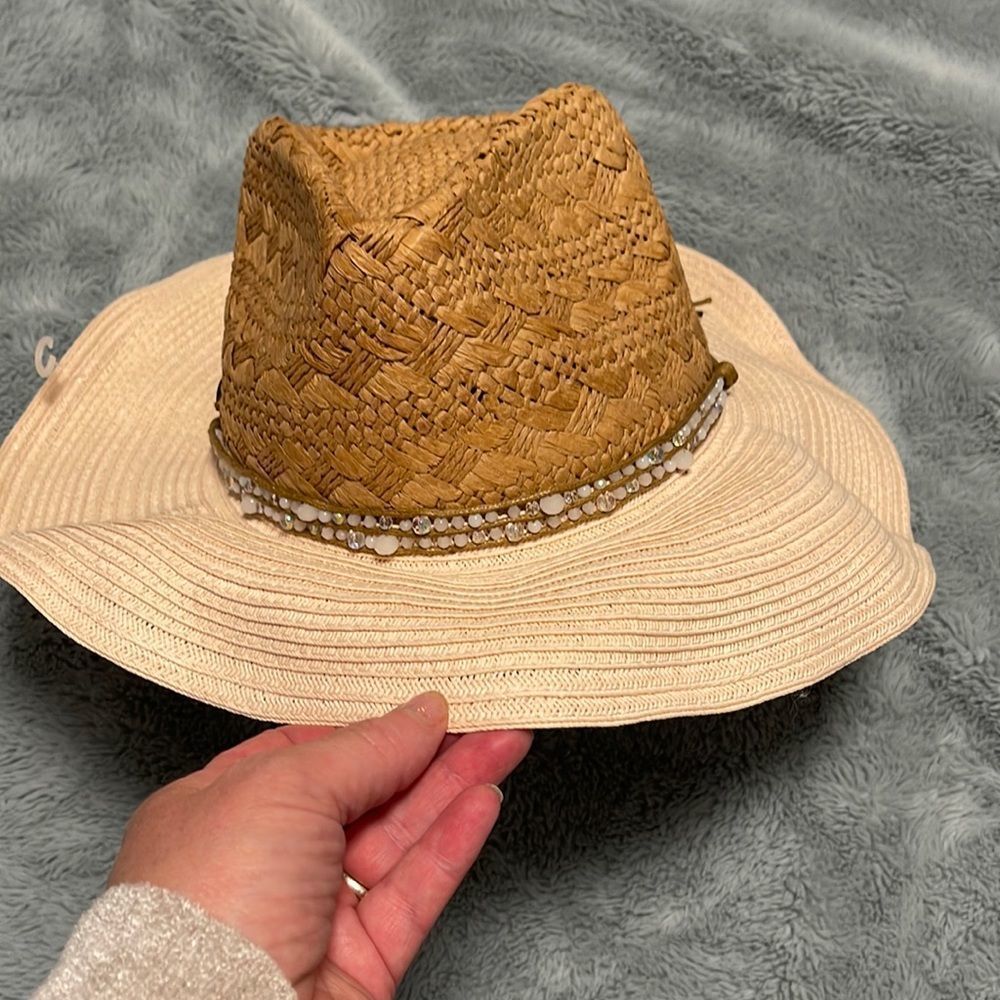 Cappelli Straworld Two-Tone Straw Fedora Hat with Beaded Band - Tan & Cream